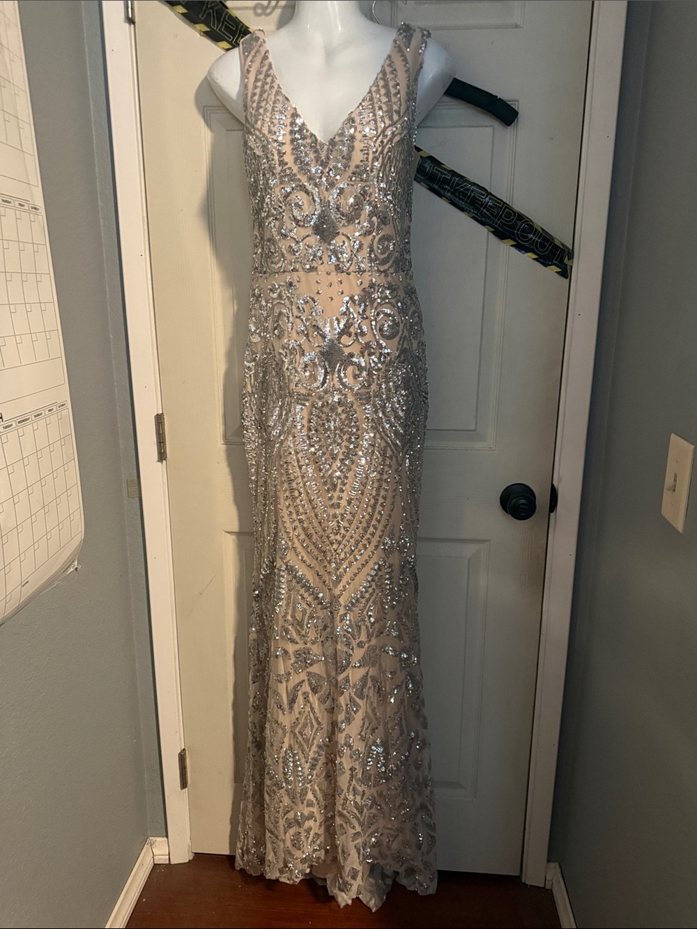 Nude Beaded Sequin Evening Gown